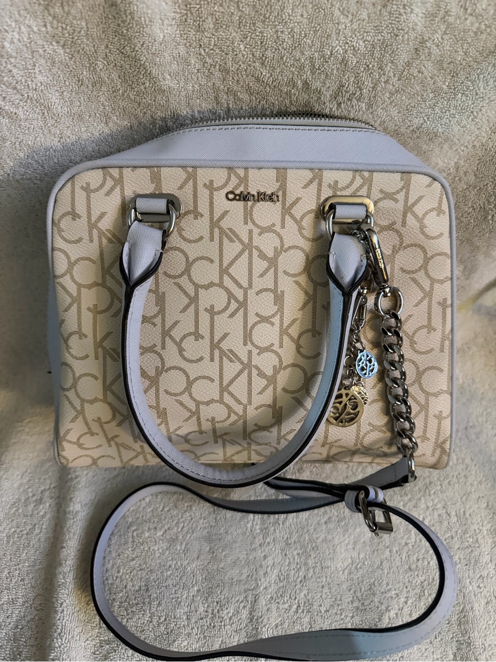 Calvin Klein Beige and White Signature Logo Satchel with Charm
